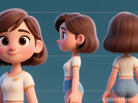 3D Female Character Model Sheet with Front, Side, and Back Views