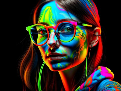 3D Fluorescent Graffiti Portrait of a Woman with Glasses