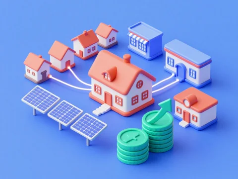 3D Isometric Illustration of Solar Energy Sharing in a Neighborhood