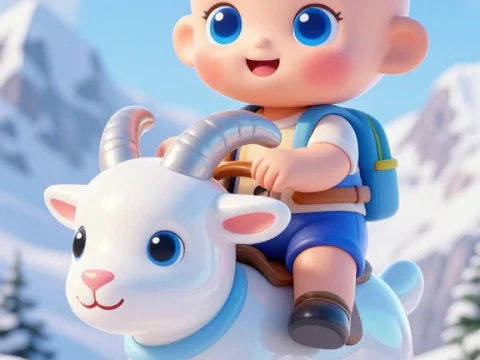 3D Pixar-Style Baby Explorer Riding a Cute Goat in Snowy Mountains