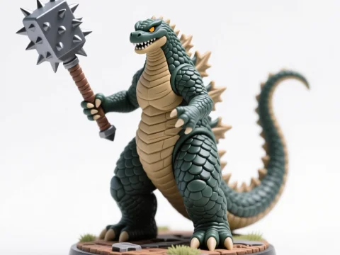 3D Printable Godzilla Miniature Holding Spiked Mace