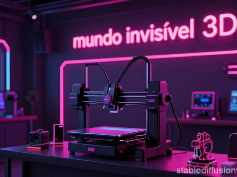 3D Printer in Neon-Lit Tech Lab with Mundo Invisivel Sign