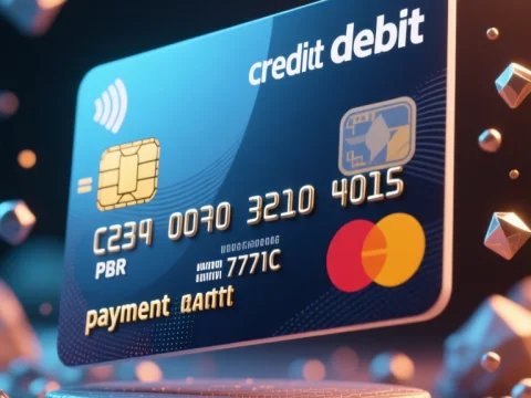 3D Render of a Floating Credit Debit Card with Futuristic Elements
