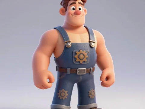3D Render of a Strong Builder Toy Character
