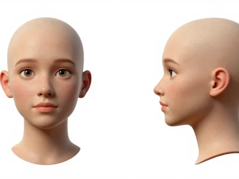 3D Render of Bald Female Character Head from Front and Side