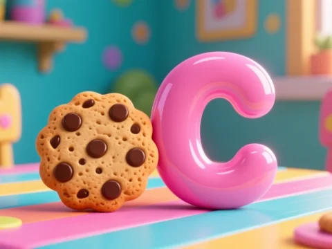 3D Render of Chocolate Cookie and Pink Letter C on Colorful Table