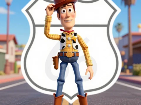 3D Render of Cowboy Character on Road with Route 66 Sign