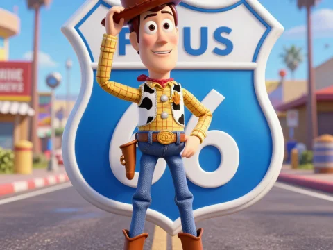3D Render of Cowboy Character on Route 66 Sign