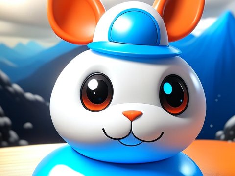 3D Render of Cute Cartoon Bunny with Blue Cap in Mountain Landscape