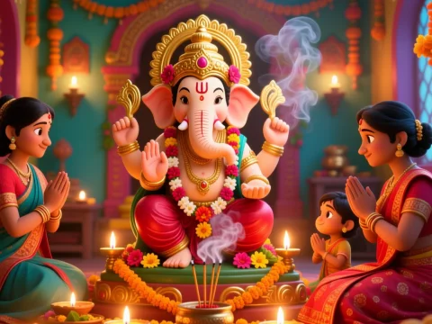 3D Render of Ganesh Pooja Ceremony with Family