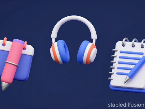 3D Render of Headphones and Writing Tools