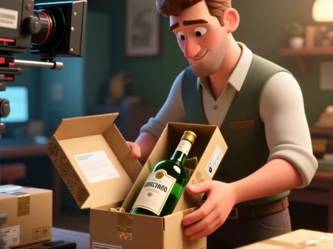 3D Render of Man Unpacking Absinthe Bottle in Studio