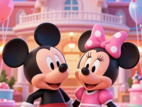 3D Render of Mickey and Minnie Mouse Celebrating with Fireworks