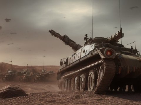 3D Render of Military Tanks in Desert Battlefield