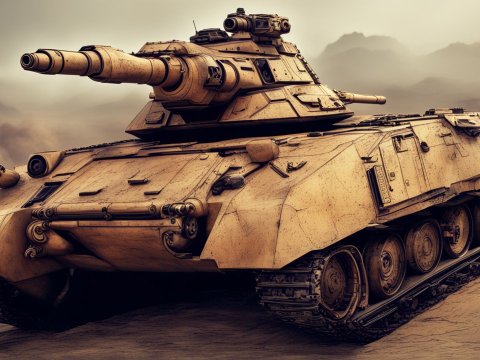 3D Render of Modern Military Tank in Desert Landscape