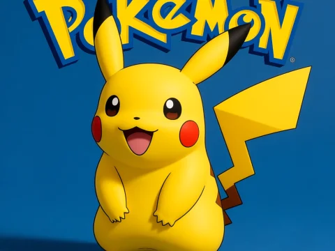 3D Render of Pikachu with Pokémon Logo on Blue Background