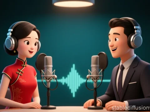 3D Render of Podcast Hosts Recording in Studio