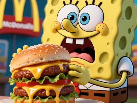 3D Render of SpongeBob with a Double Cheeseburger