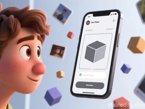 3D Render of Young Male Looking at Floating Smartphone