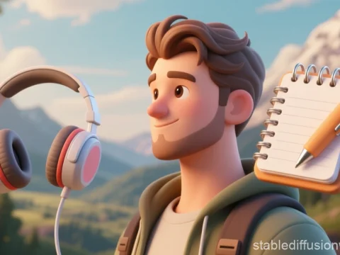 3D Render of Young Man with Headphones and Notepad in Scenic Landscape