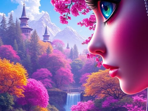 3D Rendered Fantasy Portrait with Vibrant Cherry Blossoms and Waterfalls