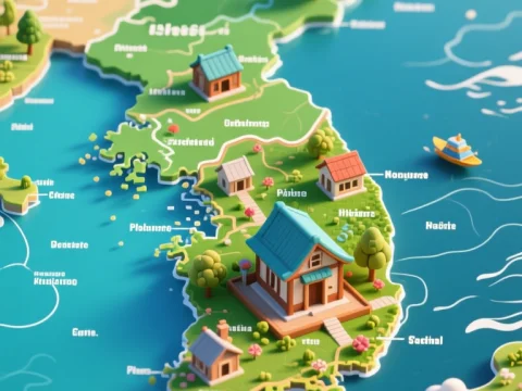 3D Rendered Map of Korea with Miniature Houses
