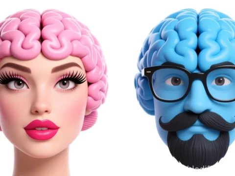3D Rendered Pink and Blue Brain Heads with Facial Features
