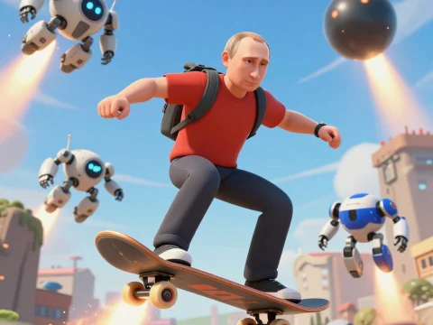 3D Skateboarder Flying with Jet-Powered Robots in Futuristic City