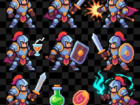8-bit Fantasy Warrior Sprite Sheet with Various Actions