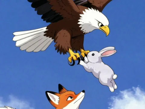 80s Anime Style Eagle Carrying Rabbit Over Fox