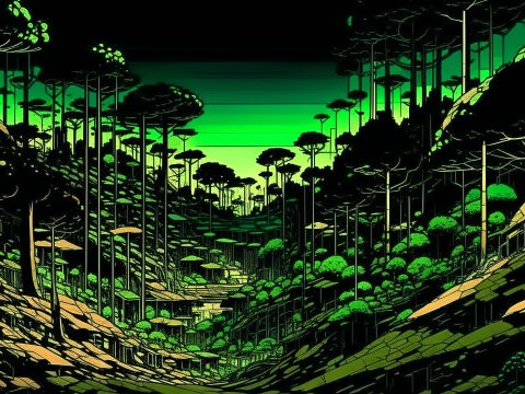 80s Comic Style Forest Landscape with Neon Green Glow
