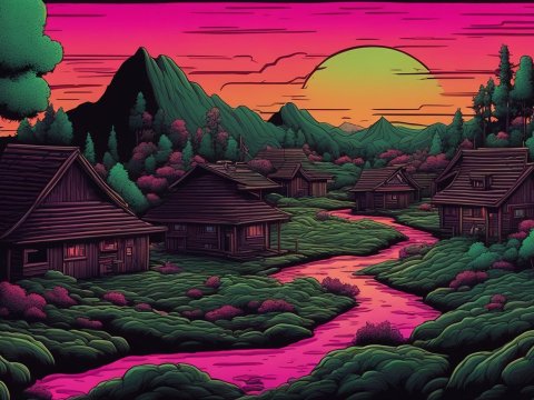 80s Style Comic Village at Sunset