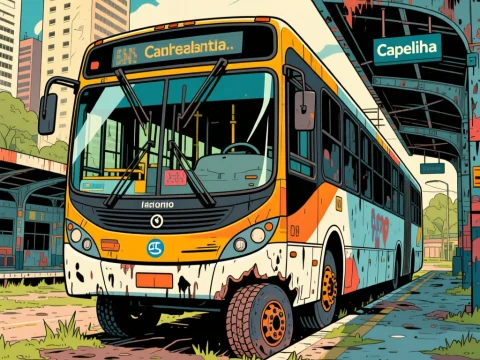 Abandoned Bus at Rusty Terminal in Urban Setting