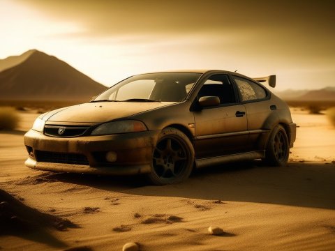 Abandoned Car in Desert at Sunset
