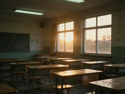 Abandoned Classroom Bathed in Warm Sunset Light