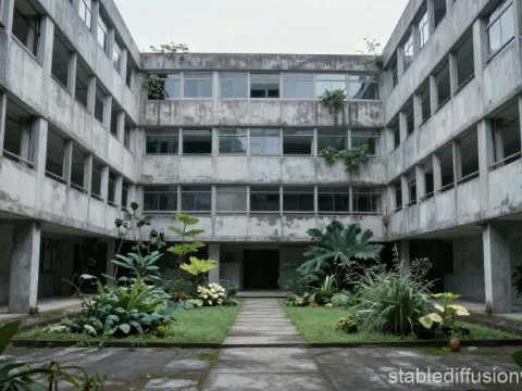 Abandoned Concrete Courtyard with Overgrown Plants