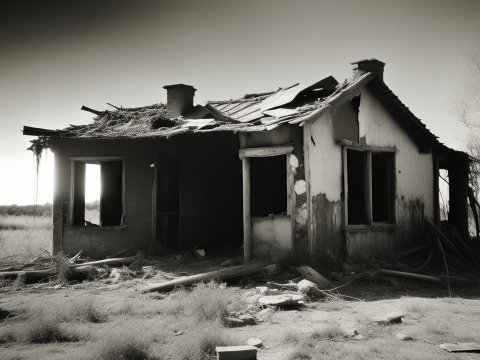 Abandoned Dilapidated House in Deserted Landscape