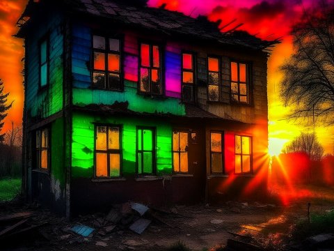 Abandoned House Illuminated by Vibrant Sunrise Colors