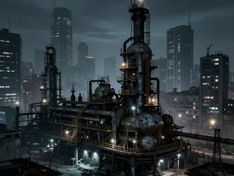 Abandoned Industrial Plant in Cyberpunk Cityscape at Night