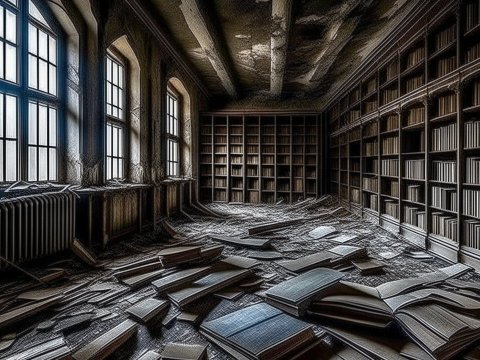 Abandoned Library with Scattered Books in Moody Light