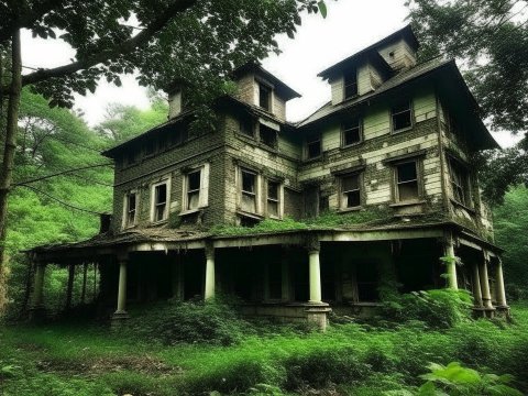 Abandoned Mansion Surrounded by Dense Forest