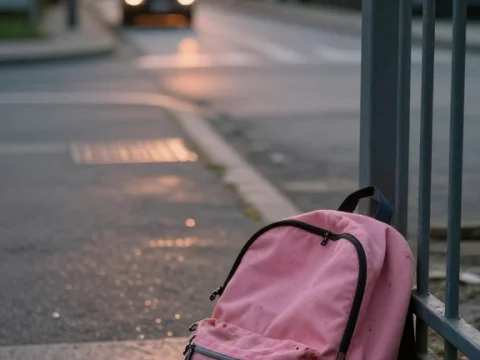 Abandoned Pink Backpack on Urban Sidewalk at Sunset