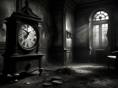 Abandoned Room with Old Grandfather Clock in Dim Light