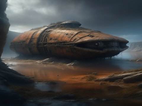 Abandoned Rusty Submarine in a Misty Landscape