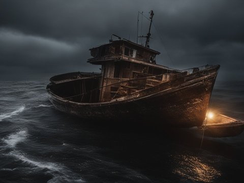 Abandoned Ship in Stormy Night Sea