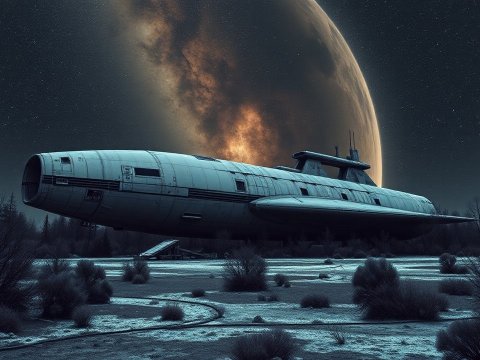 Abandoned Spaceship on Alien Landscape with Distant Planet