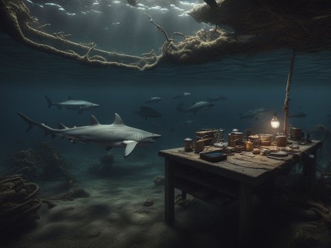 Abandoned Underwater Camp with Sharks Swimming Around