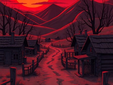 Abandoned Village Under Blood Red Sunset