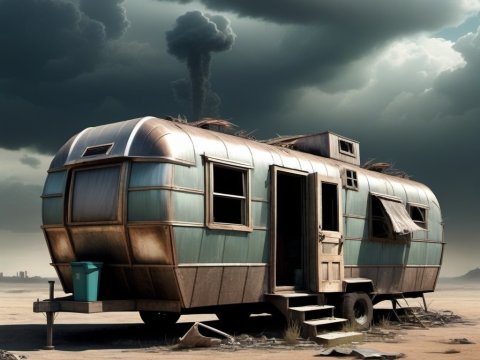 Abandoned Vintage Trailer in Desert with Stormy Sky