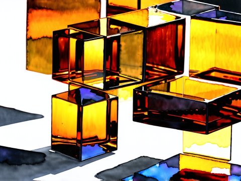 Abstract Amber Glass Cubes with Reflective Shadows